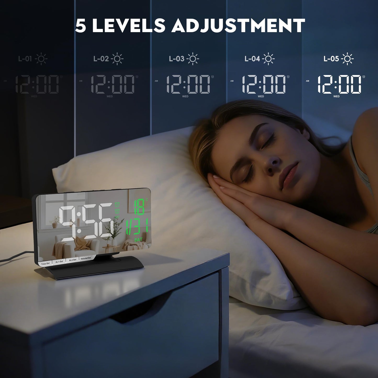 SZELAM Digital Clock,Alarm Clock Bedside,7.3'' Large LED Mirror with Date Display,Temperature,Dual Alarm with 3 Mode,Brightnee Adjust,DST,USB C Charging Port,5 Levels Volume for Desk Bedroom Teens