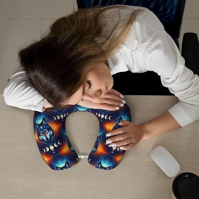 Unique Travel U Shaped Pillows Galaxy Wolf Night Sky Space Moon for Airplanes Car Flight, Comfortable Chin Head Neck Cushion Supporting, Polyester Removable Cover
