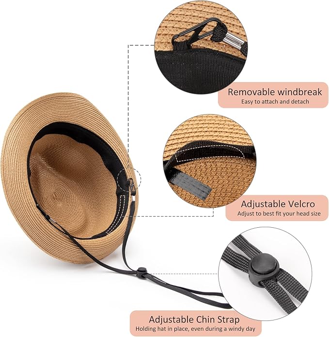 DRESHOW Women Straw Panama Hat Travel Fedora Beach Sun Hat Summer Wide Brim Straw Roll up Hat UPF 50+