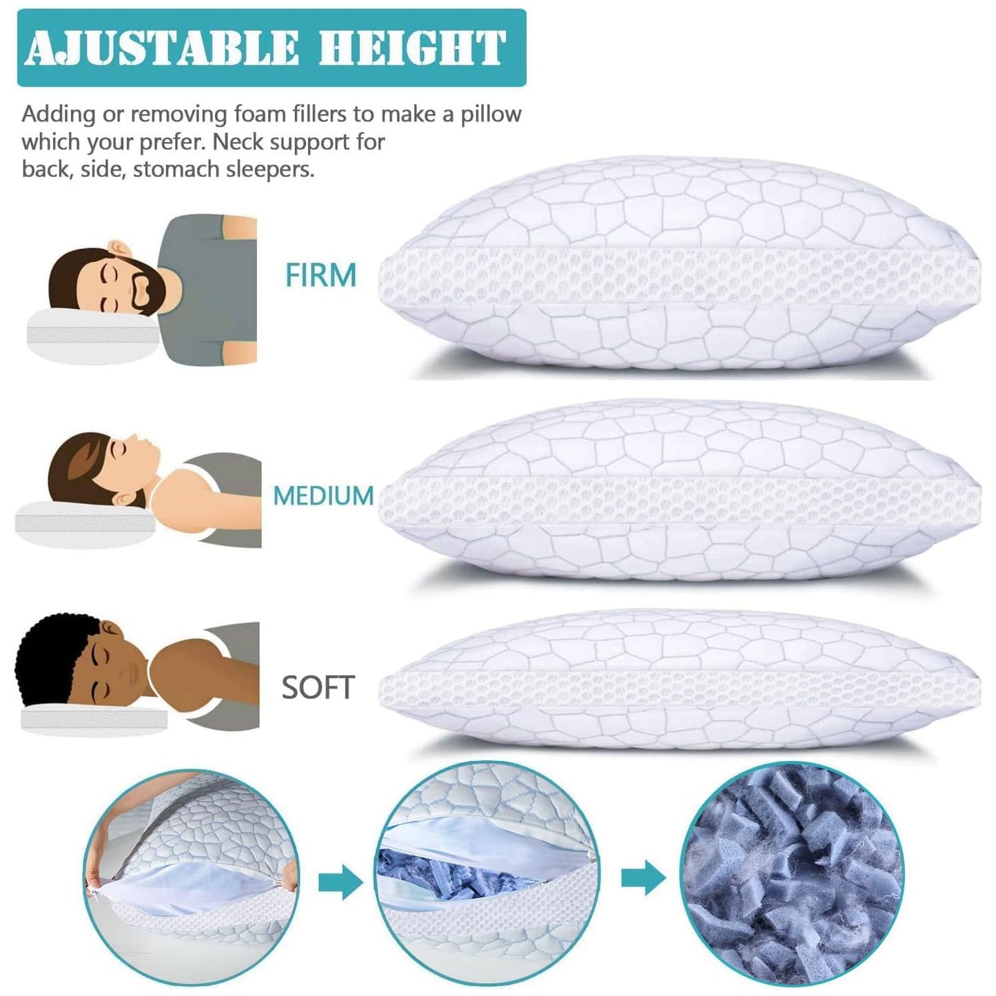 Shredded Memory Foam Pillows 2 Pack, Rayon Derived from Bamboo Pillow Queen Size Set of 2, Cooling Gel Pillows for Sleeping, Adjustable Pillow for Side Stomach and Back Sleepers with Washable Cover