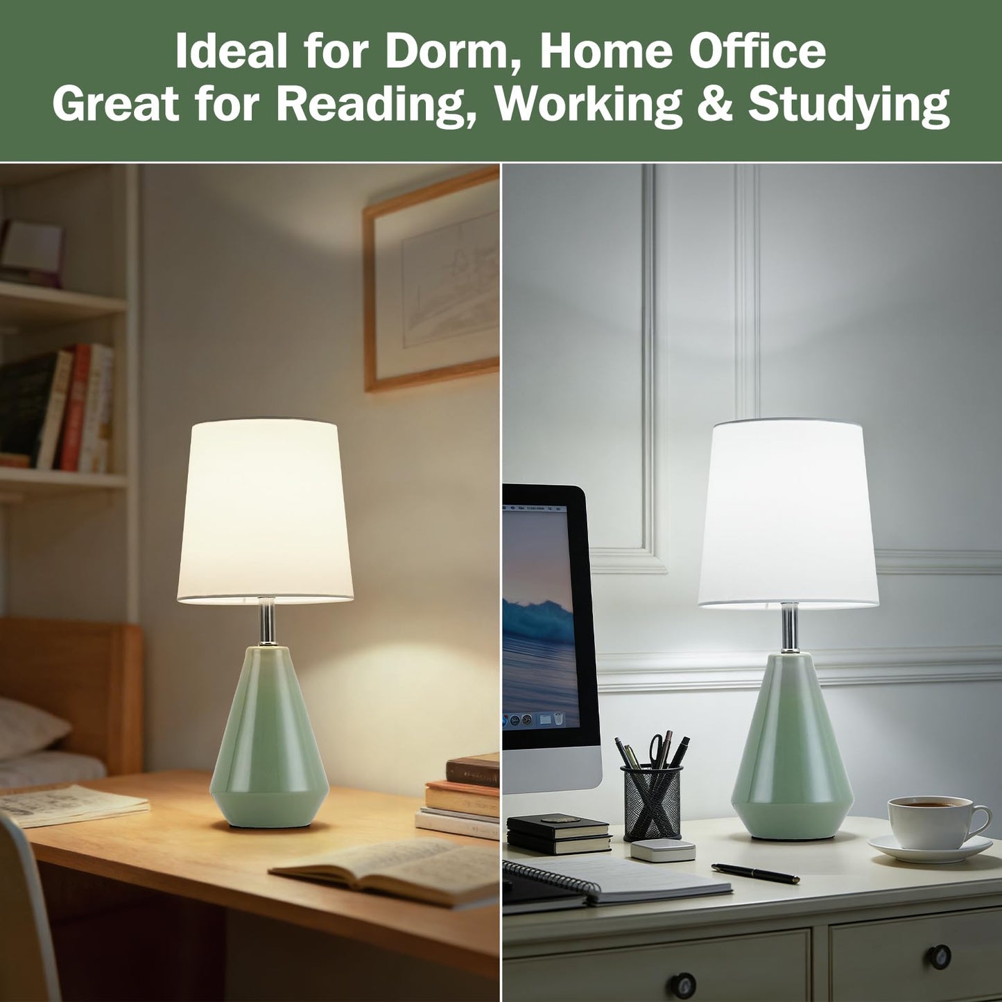 bdayanx Small Bedside Table Lamp for Bedroom - Reading Desk Lamp with 3 Color Temperatures，15.5" Nightstand Ceramic Lamp with Fabric Shade for Kids Room,Living Room,Dorm,Home Office (Green+White)