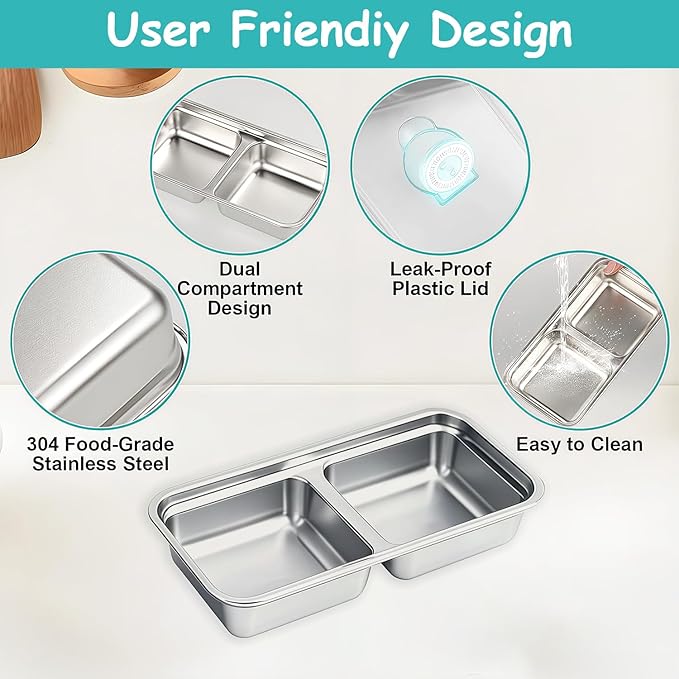 BSTUR 6Pcs 304 Stainless Steel Snack Containers, 30 oz 2 Compartments Portable Food Storage Bento Boxes with Leakproof Lids, Divided Meal Prep Lunch Box Food Container Dishwasher Safe