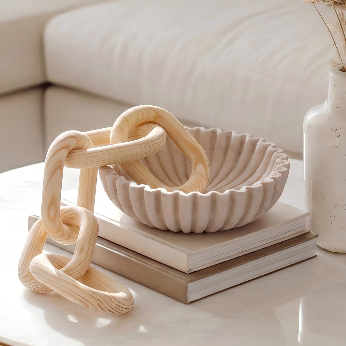 Yiyiring Large Decorative Bowl and Wood Chain Link Set Modern Handicraft Bowl Ruffle Decoration for Farmhouse Home Decor Modern Kitchen Counter Stylish Key Fruit Bowls Entry Table Housewarming Gift