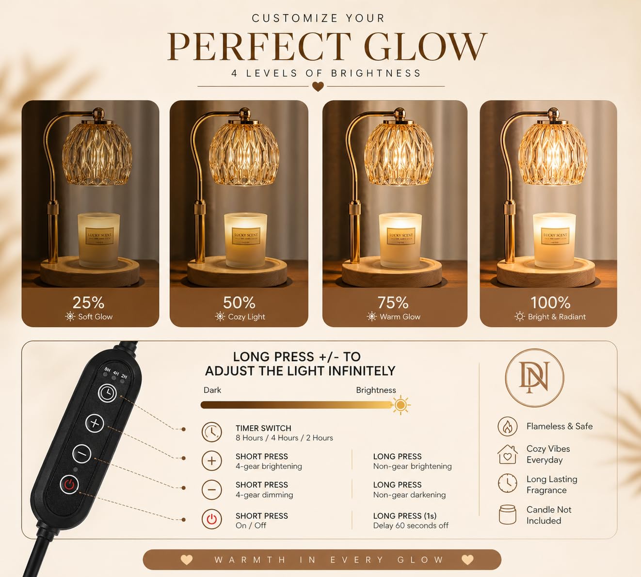 DN Collection Candle Warmer Lamp with Timer & Dimmer, Adjustable Height, Wax Melt Warmer for Jar Candles, Crystal Glass Shade, Wooden Base, Gold, Home Decor Gift