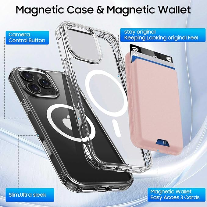 Ntwinro Magnetic for iPhone 16 Pro Clear Case (Compatible with MagSafe) with Pink Detachable Wallet & Card Holder for 3 Cards [RFID Blocking] Military Grade Protective Slim Phone Cover