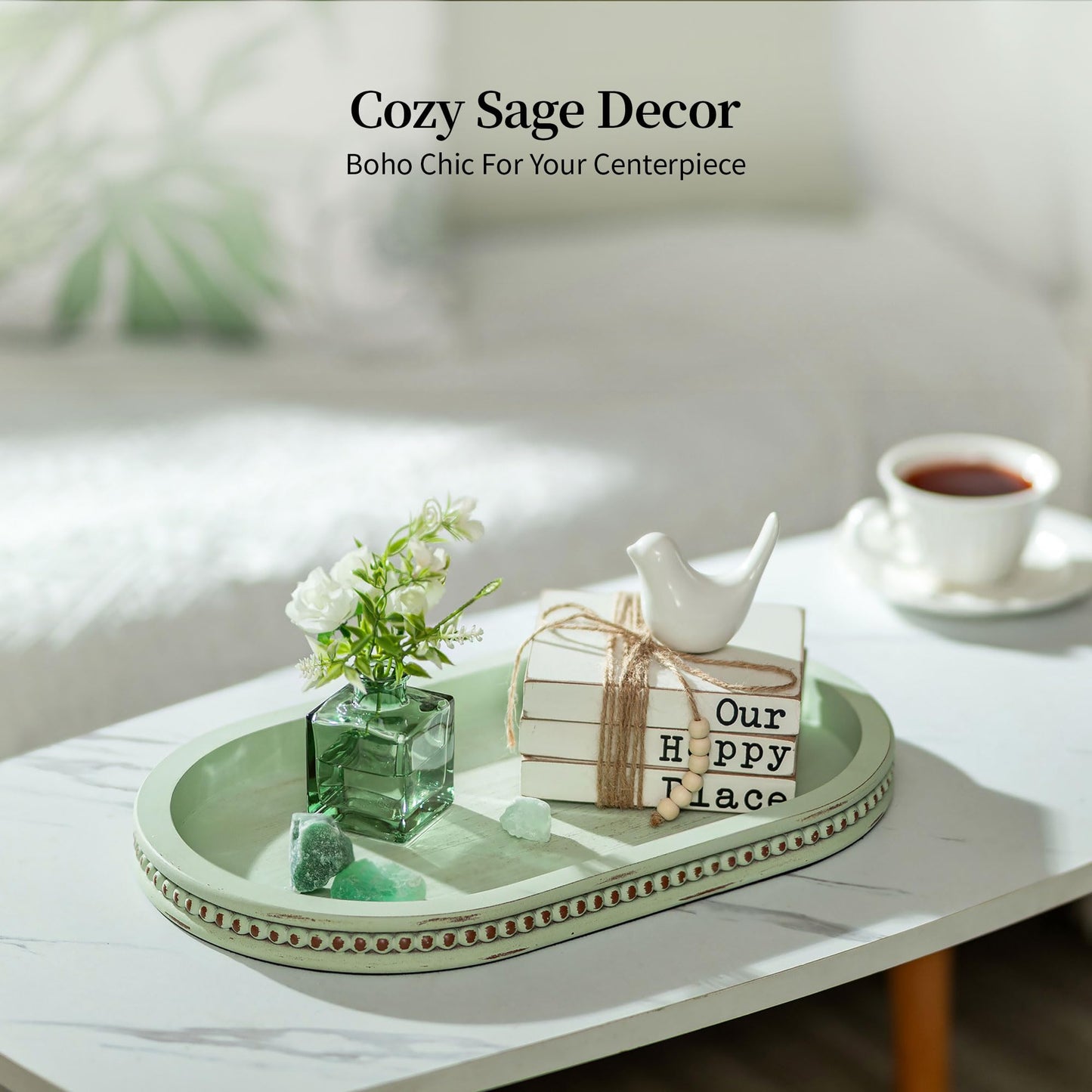 Hanobe Decorative Trays for Coffee Table: Sage Green Oval Bathroom Trays - Wood Modern Farmhouse Decor for Home Kitchen Counter Entryway Table
