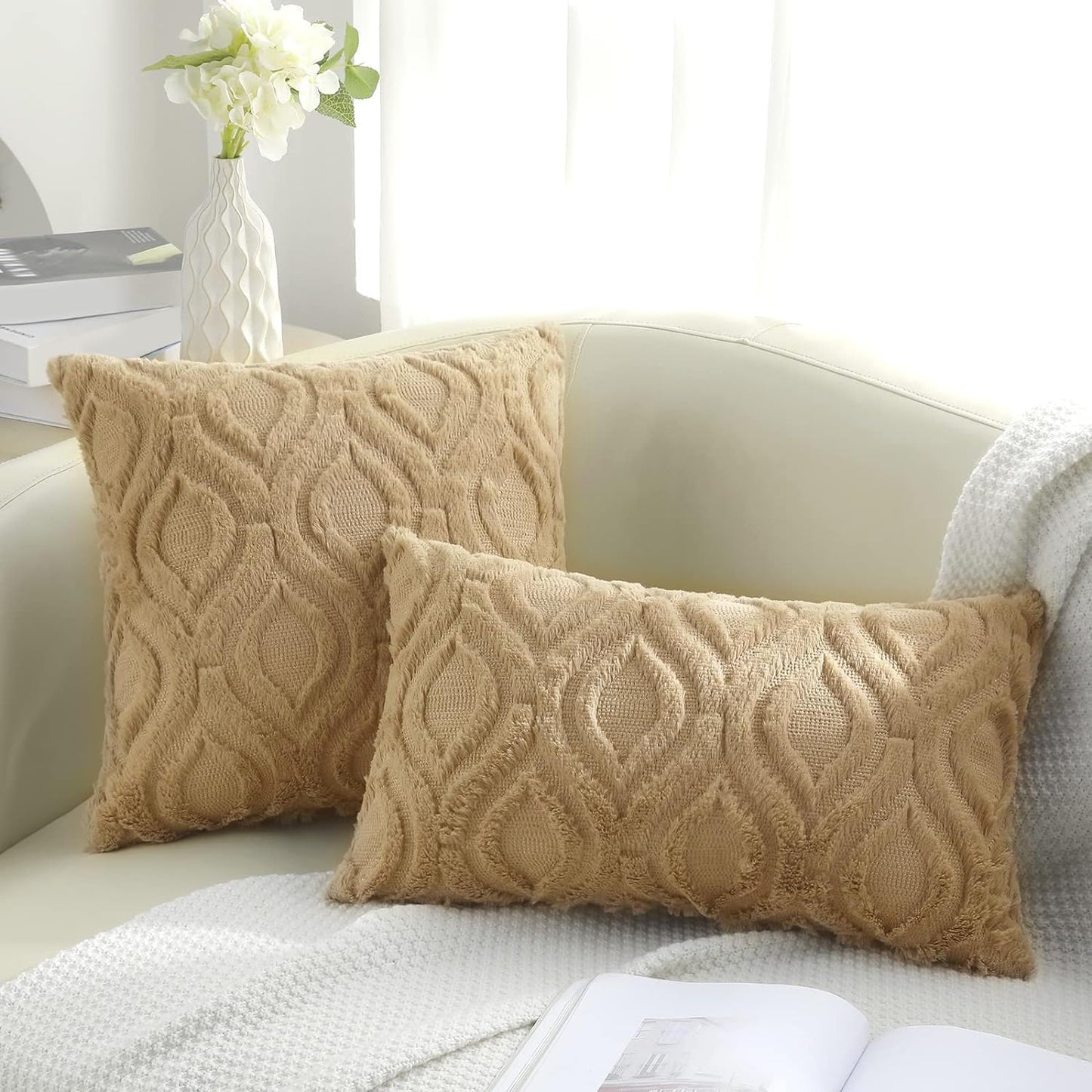 decorUhome Throw Pillow Covers 12x20 Inch Set of 2, Soft Plush Faux Wool Light Brown Khaki Solid Couch Pillow Covers, Accent Farmhouse Neutral Rectangle Pillow Cases for Sofa Bed Living Room