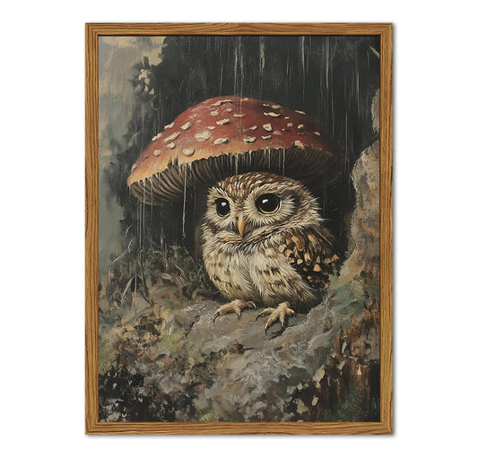 Framed Vintage Owl Canvas Wall Art, Cute Bird Mushroom Pictures Wall Decor, Cottagecore Forest Animal Paintings Prints Gothic Rustic Moody Home Decor for Living Room Bedroom Nursery 12x16 inch