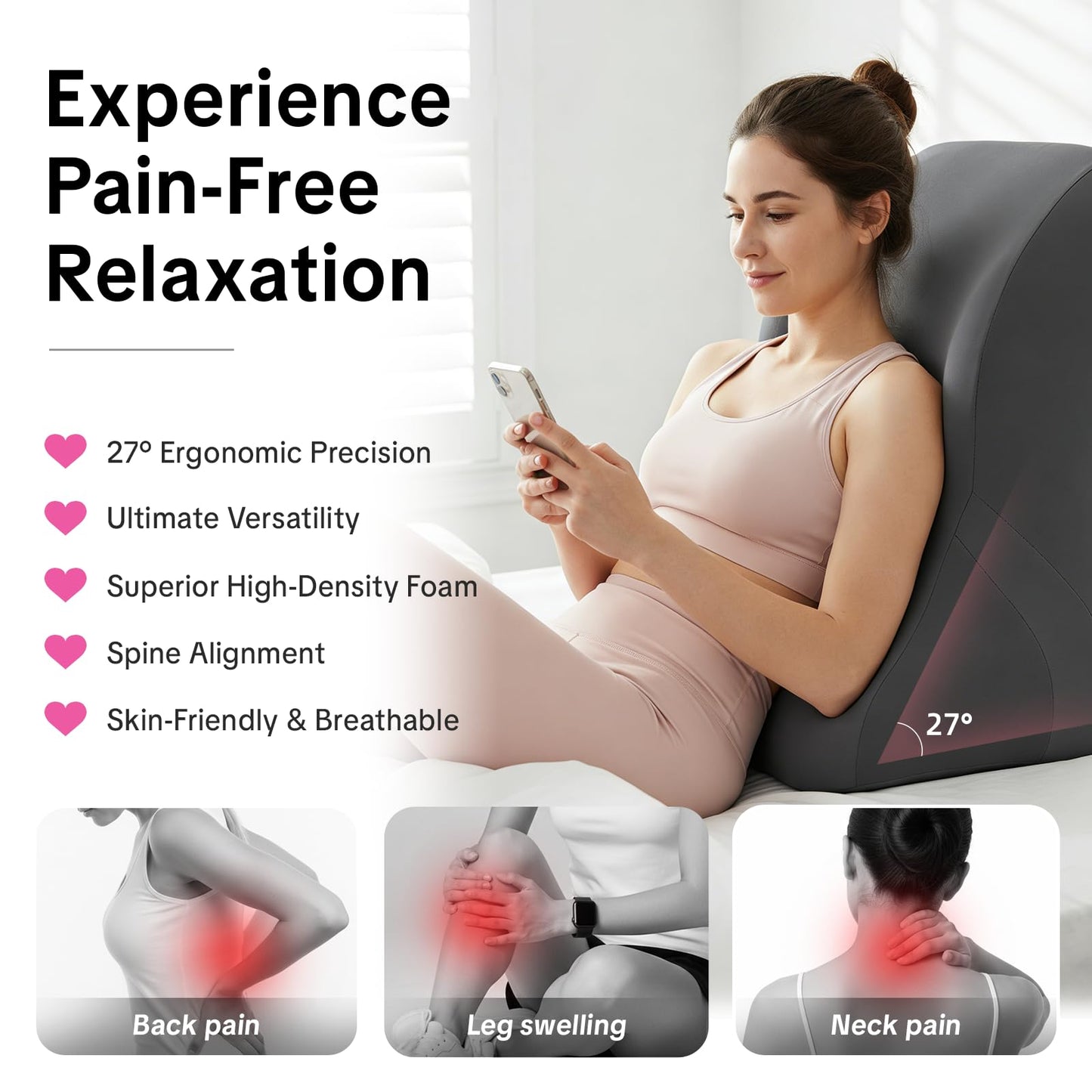 Memory Foam Ergonomic Wedge Intimacy Pillow - 27° Lift Support Cushion for Sleeping, Reading & Prone Positions Multi-Functional Rest Pillow for Neck, Waist & Back Pain Relief Washable Cover- Grey