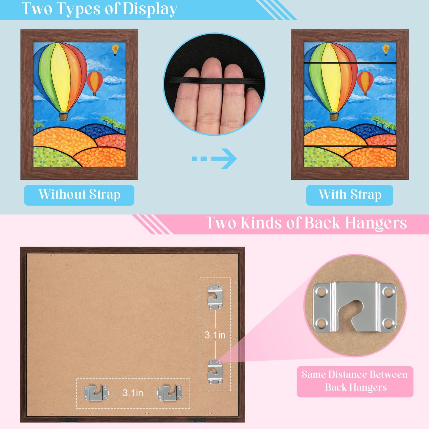 GULETHUN [2-Pack] Kids Art Frames, 8.5x11 Front Opening Kids Artwork Frames Changeable, Brown Artwork Display Storage Frame for Wall, Holds 50 Pcs, for 3D Picture, Crafts, Hanging Art, Portfolio