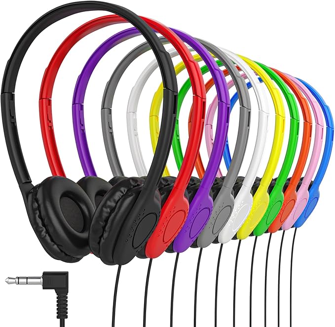 Maeline Bulk Classroom Student Headphones On Ear Stereo Headphones Adjustable Band & Faux Leather Cushions for Kids Online Learning, Library, School, Travel - 3.5mm Plug - 40 Pack - Multi Colors