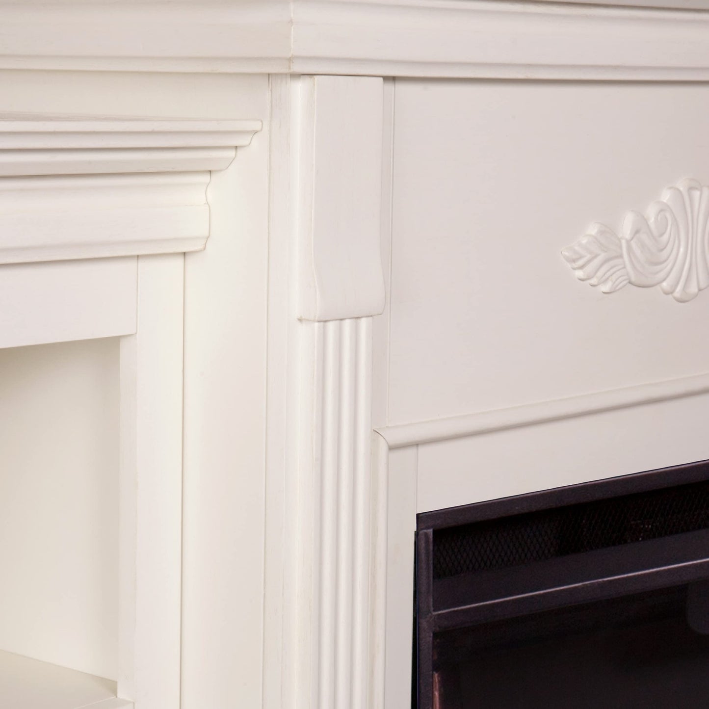 SEI Furniture - Tennyson Touch Screen Electric Fireplace with Book Shelves - Ivory - Transitional Design, Ivory Glass and Wood - Ideal for Living Room, Bedroom (FR8544)