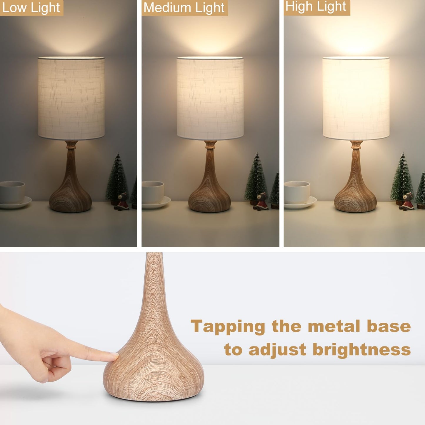 Boncoo Dimmable Small Table Lamp, Bedside Lamps Touch Control for Bedrooms Nightstand with Wood Grain Base, Desk Lamp Night Light for Office Living Room, 9W 3000K LED Bulb Included