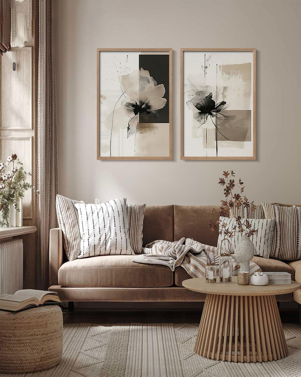 2Pcs Framed Black and White Flower Abstract Wall Art Modern Neutral Canvas Prints Posters Pictures Gallery Wall Decor Living Room Bedroom Office Apartment 16X24 Inch Ready to Hang