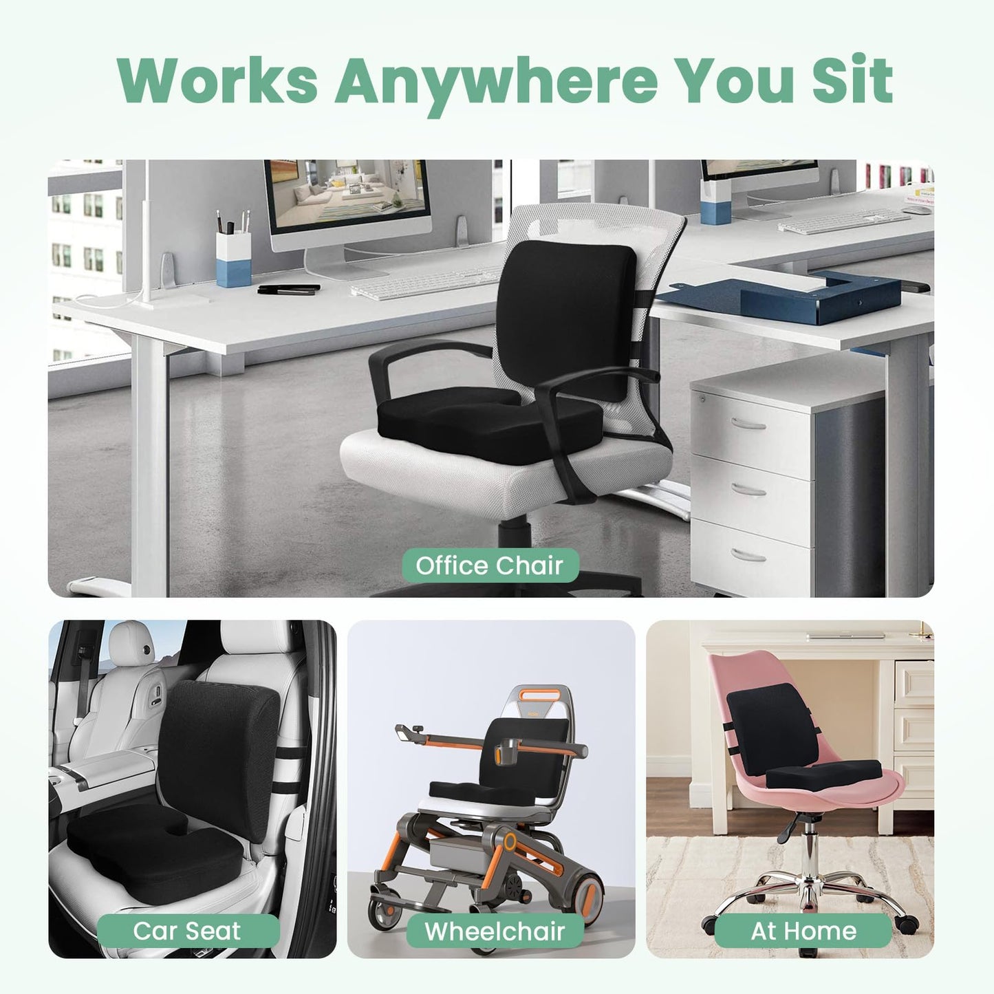 XSNDSENN Seat Cushion and Lumbar Support Pillow for Office Chair, Wheelchair, Memory Foam Coccyx Cushion for Sciatica Tailbone Pain Relief, Back Support for Car Chairs, Desk Chair