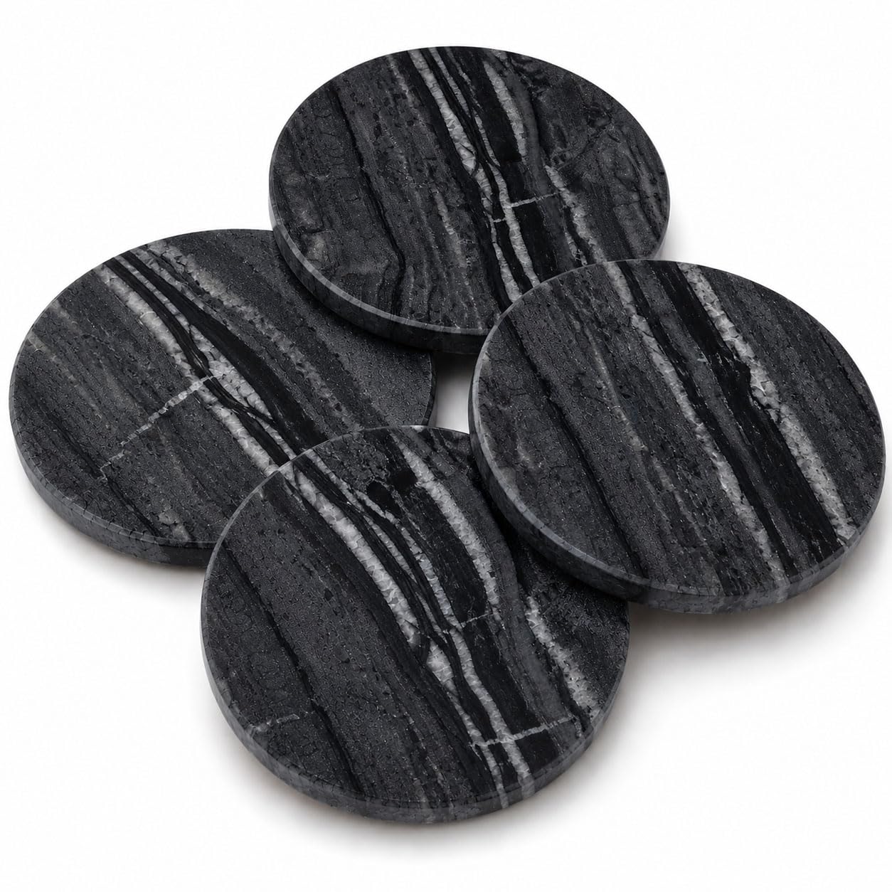 Terrarowth Midnight Black Marble Coasters Set of 4, Natural Stone Drink Coasters with Cork Backing, Round Black Marble Coasters for Bar Cart, Coffee Table & Home Decor
