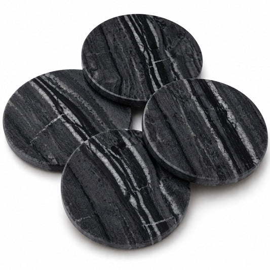 Terrarowth Midnight Black Marble Coasters Set of 4, Natural Stone Drink Coasters with Cork Backing, Round Black Marble Coasters for Bar Cart, Coffee Table & Home Decor
