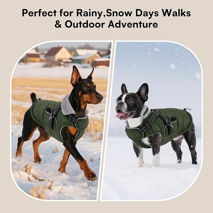 Queenmore XXXL Dog Coats for Extra Large Dogs Winter with Harness Built-in, Warm Waterproof Snow Jacket Large, Cold Weather Outdoor Coat - Fleece Lining Hook & Loop Closure Reflective Easy On, Green