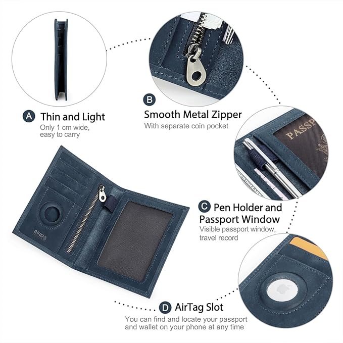 CONTACTS Full Grain Leather Airtag Passport Holder RFID Blocking Travel Passport Wallet Slim Passport Cover Case with 4 Card Slots, Coin Pocket (US Passport Stamp, Blue)