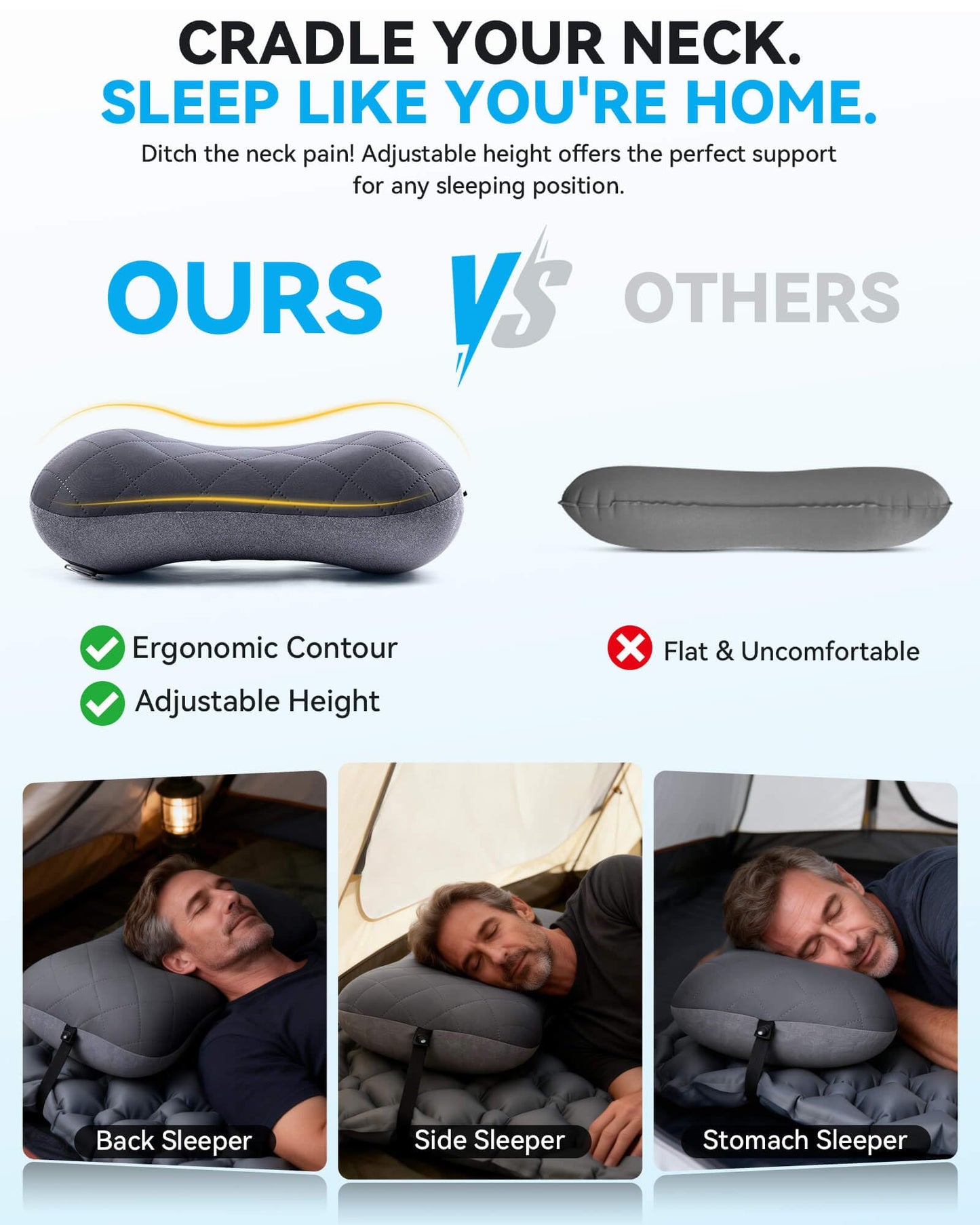 Hikenture Ultralight Inflatable Pillow with Removable Cover for Neck Lumber Support - Upgrade Washable Travel Air Pillows for Camping, Hiking, Backpacking (Grey)