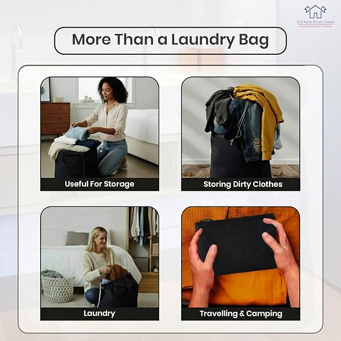 LFH Home Large Premium Cotton Canvas Laundry Bag with Drawstring and Handles Heavy Duty, Multi-Use, and Washable for Home, Travel, College or Storage 20x30 (Pack of 4)-Black