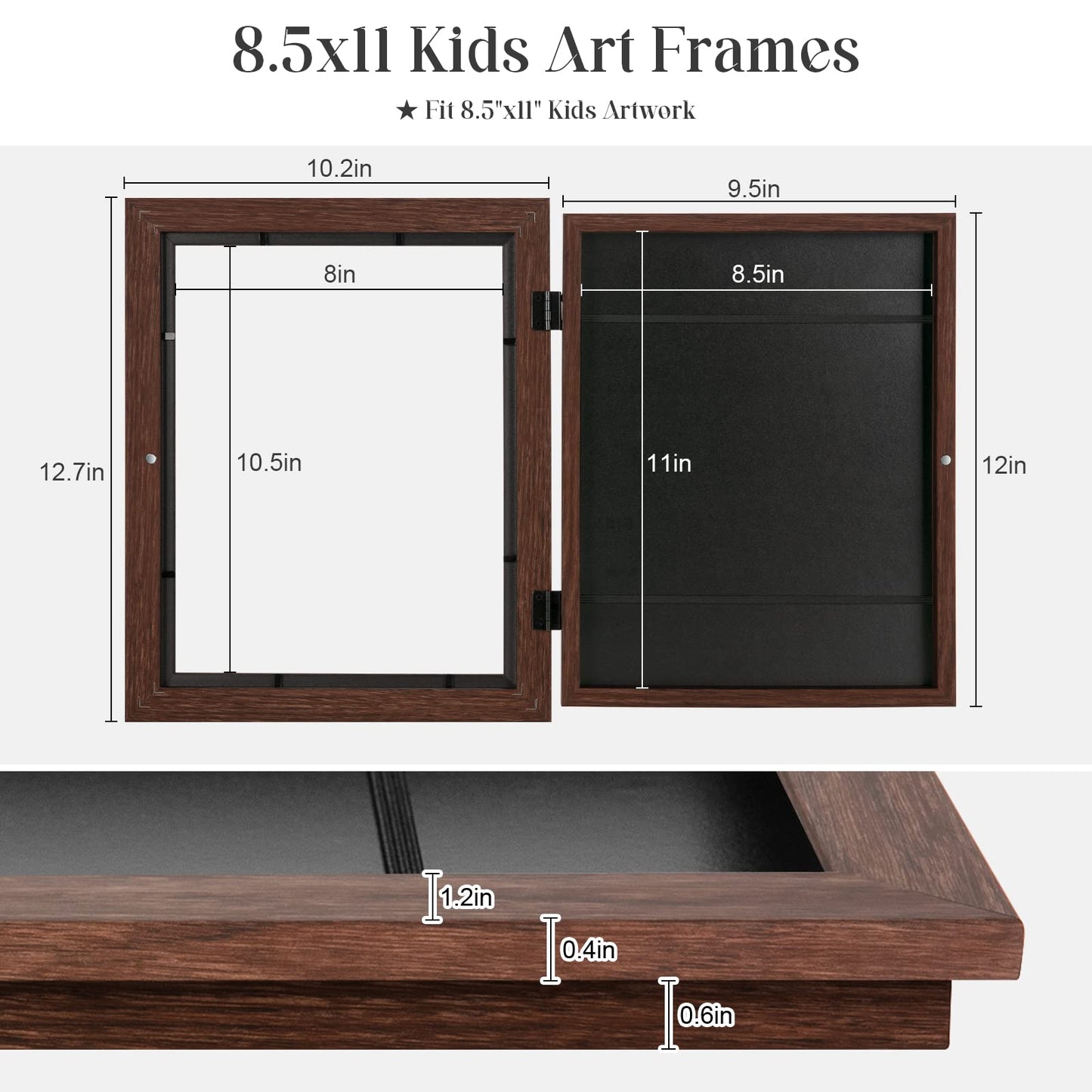 GULETHUN [2-Pack] Kids Art Frames, 8.5x11 Front Opening Kids Artwork Frames Changeable, Brown Artwork Display Storage Frame for Wall, Holds 50 Pcs, for 3D Picture, Crafts, Hanging Art, Portfolio