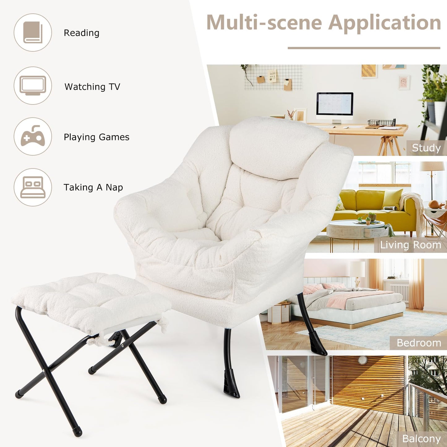 Giantex Lazy Chair with Folding Ottoman, Modern Sherpa Accent Chair w/Steel Frame, Armrests & Pocket, Upholstered Single Sofa Chair Set, Leisure Reading Lounge Chair for Living Room Bedroom (White)