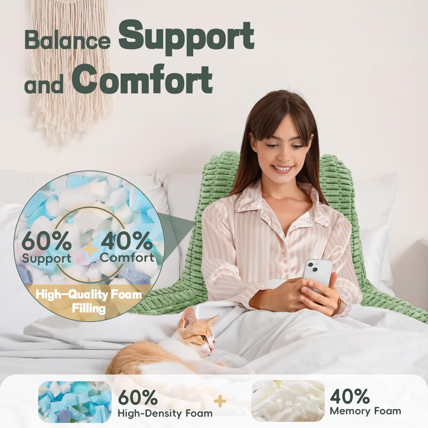 LUISOF 21" Higher Large Reading Pillow for Bed Adult, Back Pillow for Bed Sitting Up with Memory Foam Back Support with Arms Rest for Couch Chair Sage Green