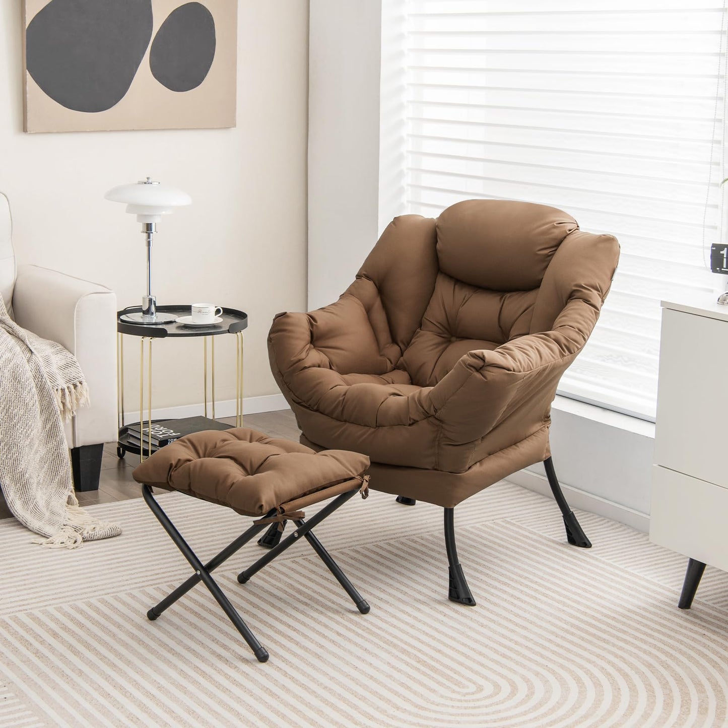 Giantex Lazy Chair with Ottoman, Accent Sofa Chair with Folding Footrest, Side Storage Pocket, Upholstered Leisure Lounge Armchair with Stool for Bedroom, Living Room, Office, Brown