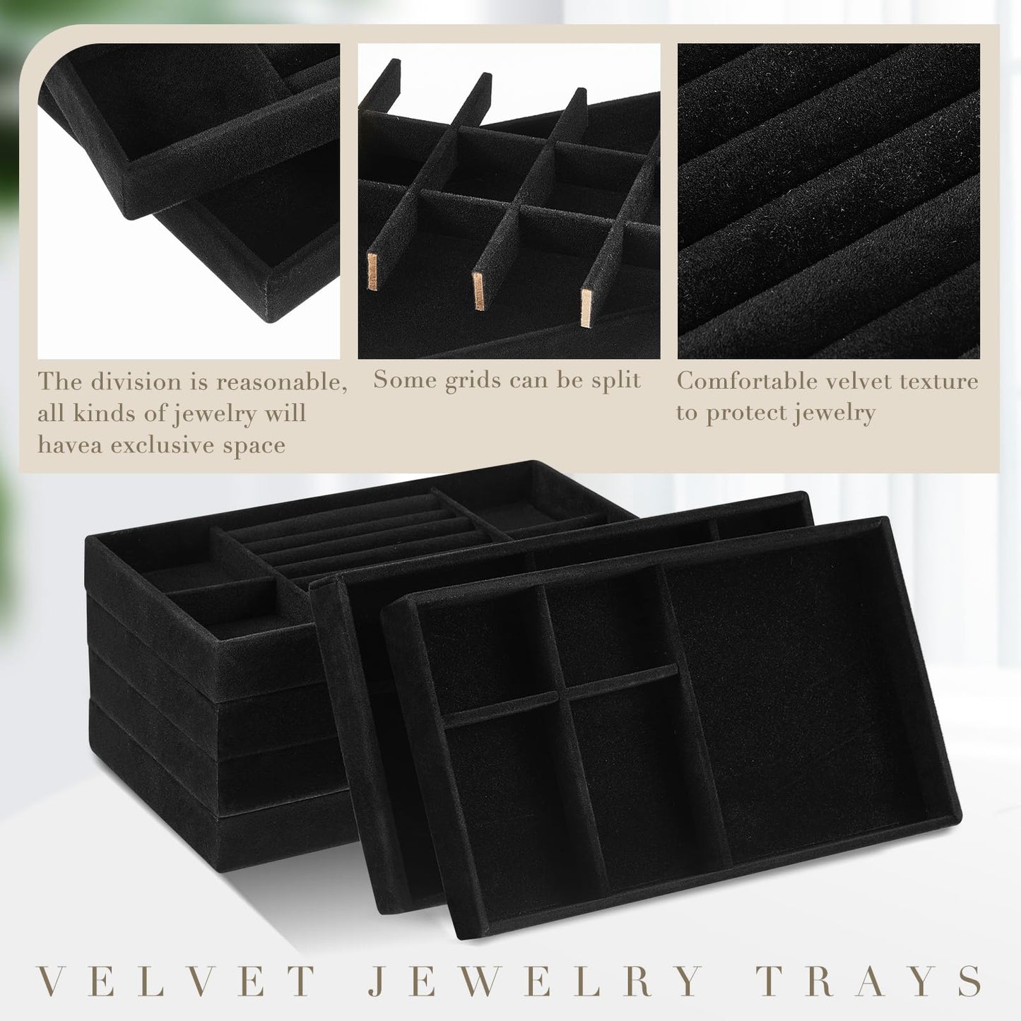 Junkin 18 Pcs Velvet Jewelry Tray, Stackable Jewelry Organizer Trays for Drawer, Jewellery Box Divided Display Tray, Jewelry Inserts for Drawer for Rings Earring Bangle Necklaces(Black)