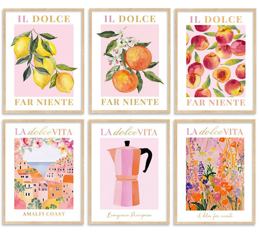 6pcs Italian Summer Themed Wall Art La Dolce Vita Canvas Wall Decor Sweet Life Fruit & Amalfi Coast Prints Posters Watercolor Kitchen Dining Room Decor for Farmhouse Cottage Coastal Home, Unframed