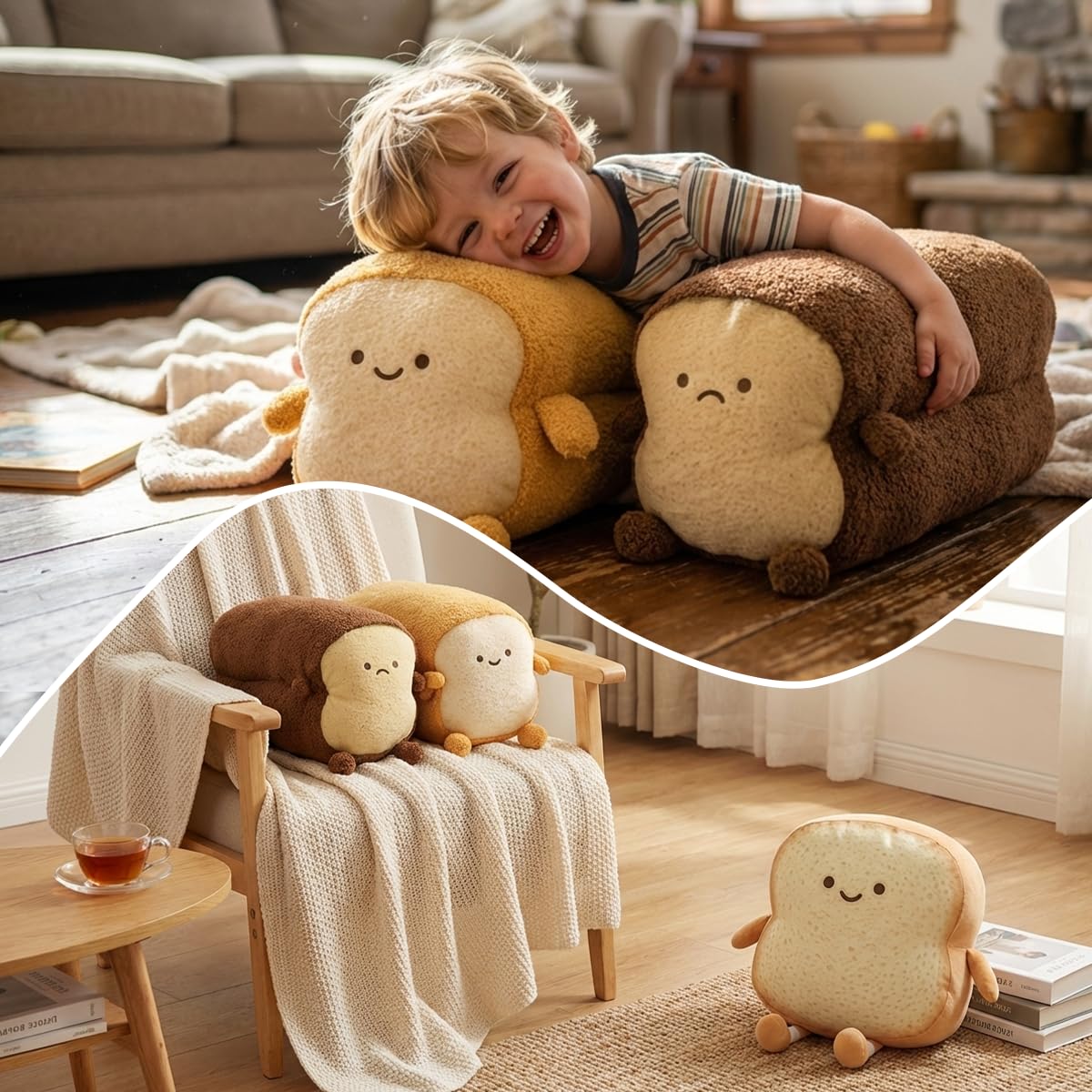 DENTRUN Toast Plush Pillow, Stuffed Bread Shape, Soft Toast Bread Food Plushies, Fun Sofa Cushion, Stuffed Doll Toy for Kids, Adults Gift, Home Bed Room Decor, 15"