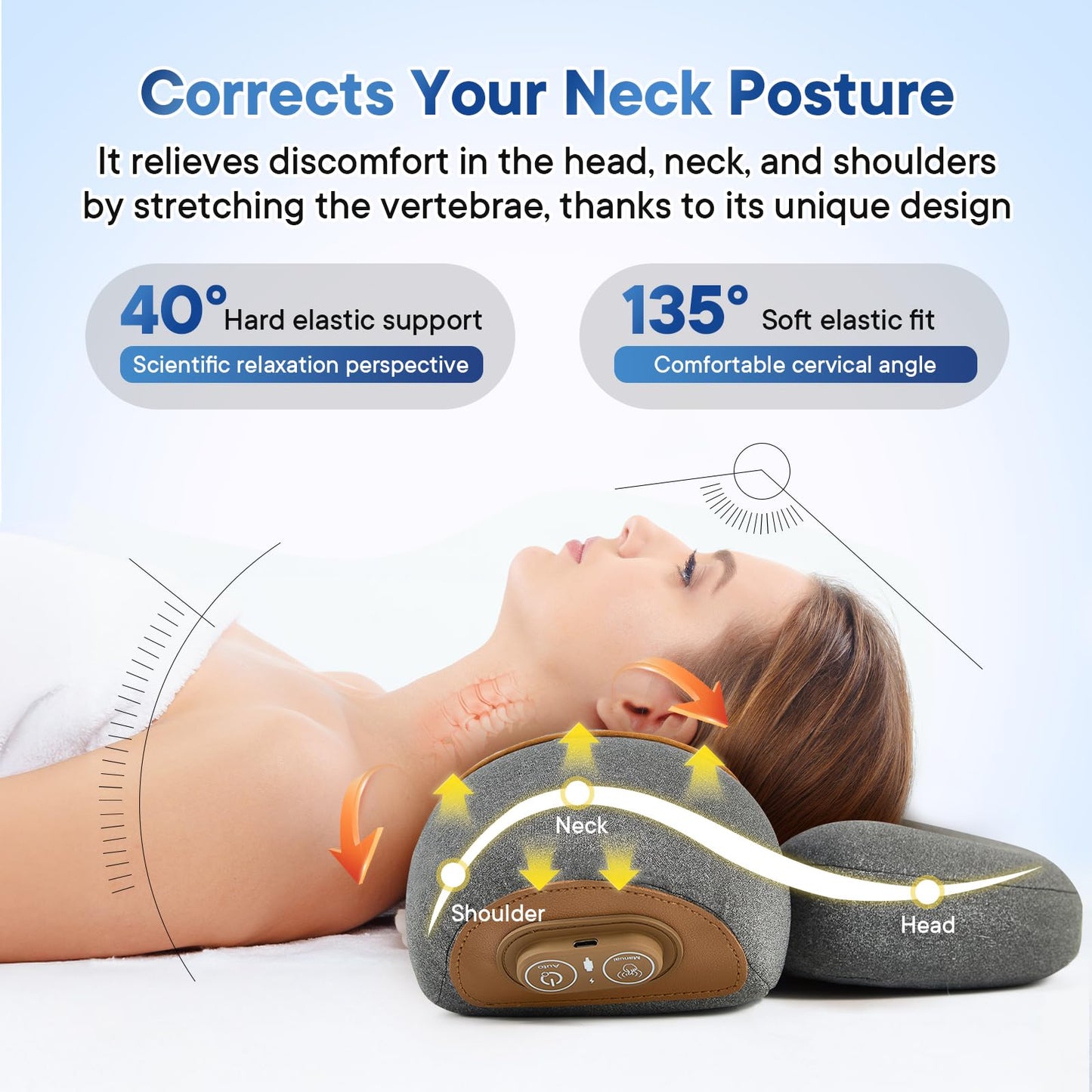 GIFEY 3-in-1 Rechargeable Neck Massager Pillow with Heat, Vibration & Traction, Deep Tissue Pain Relief, Neck Hump Corrector & Cervical Support for Home Office Travel (Light Gray)