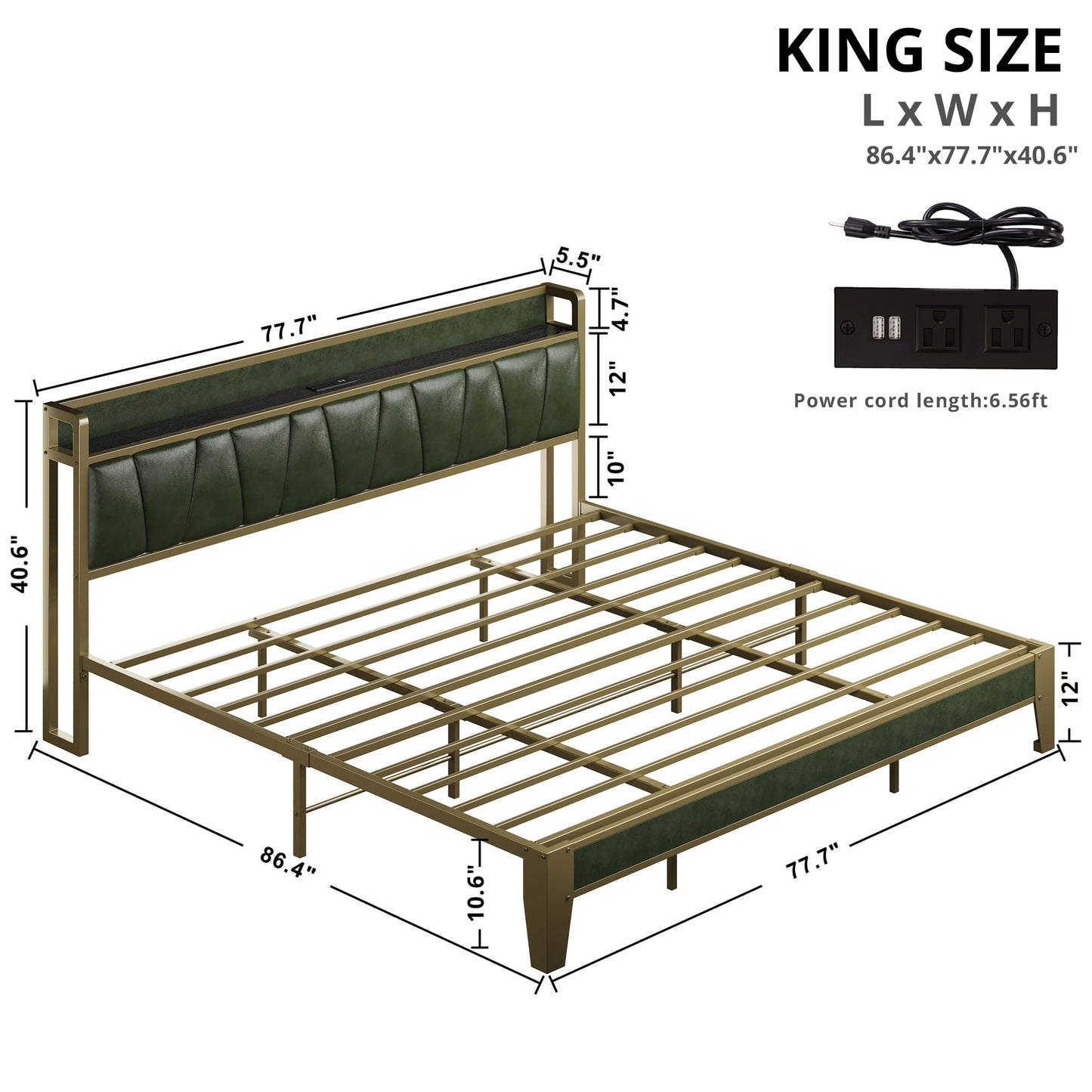 LIKIMIO King Bed Frame, Storage Headboard with Charging Station, Solid and Stable, Noise Free, No Box Spring Needed, Easy Assembly (Dark Green)