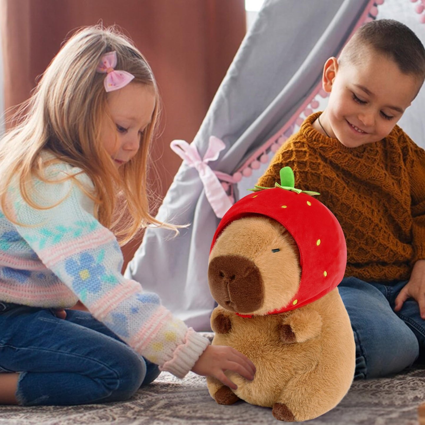 Ditucu Cute Capybara Plush Wear Strawberry Hat Soft Capibara Stuffed Animal Plushies Toys Hugging Gifts for Kids Brown 9 inch