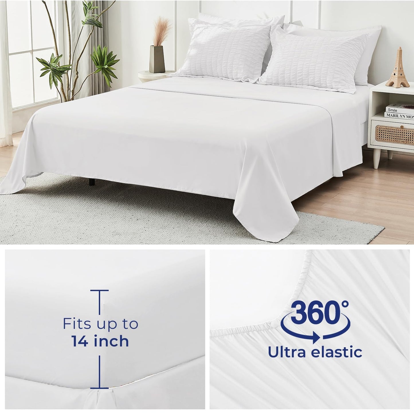 HYMOKEGE White Queen Comforter Set Seersucker 7 Pieces, All Season Luxury Bed in a Bag for Bedroom, Bedding Set with Comforters, Sheets, Pillowcases & Shams