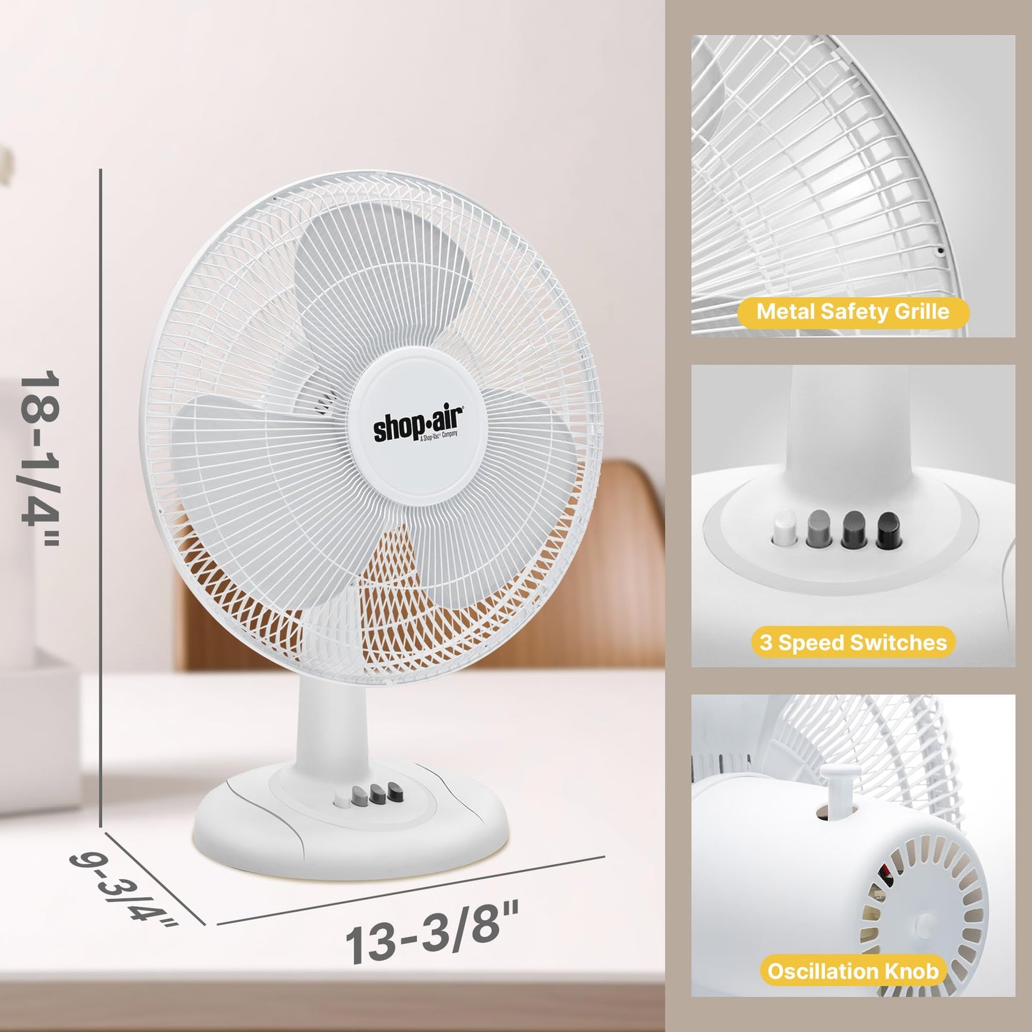 Shop-Air 12" Oscillating Table Fan, 3 Speeds, High-Velocity, Quiet & Powerful Air Circulation, 70° Adjustable Head Tilt,Ideal for Home, Bedroom or Office, White