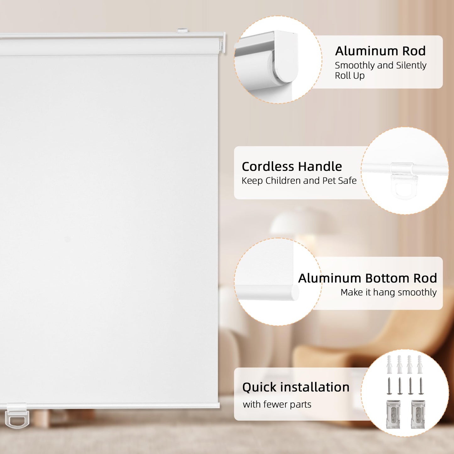 ChrisDowa Cordless Blackout Roller Shades for Windows, Thermal Insulated UV Protection Pull Down Shades, Total Blackout Window Blinds for Home, Office, Bedroom, Door (34" W x 72" H, White)
