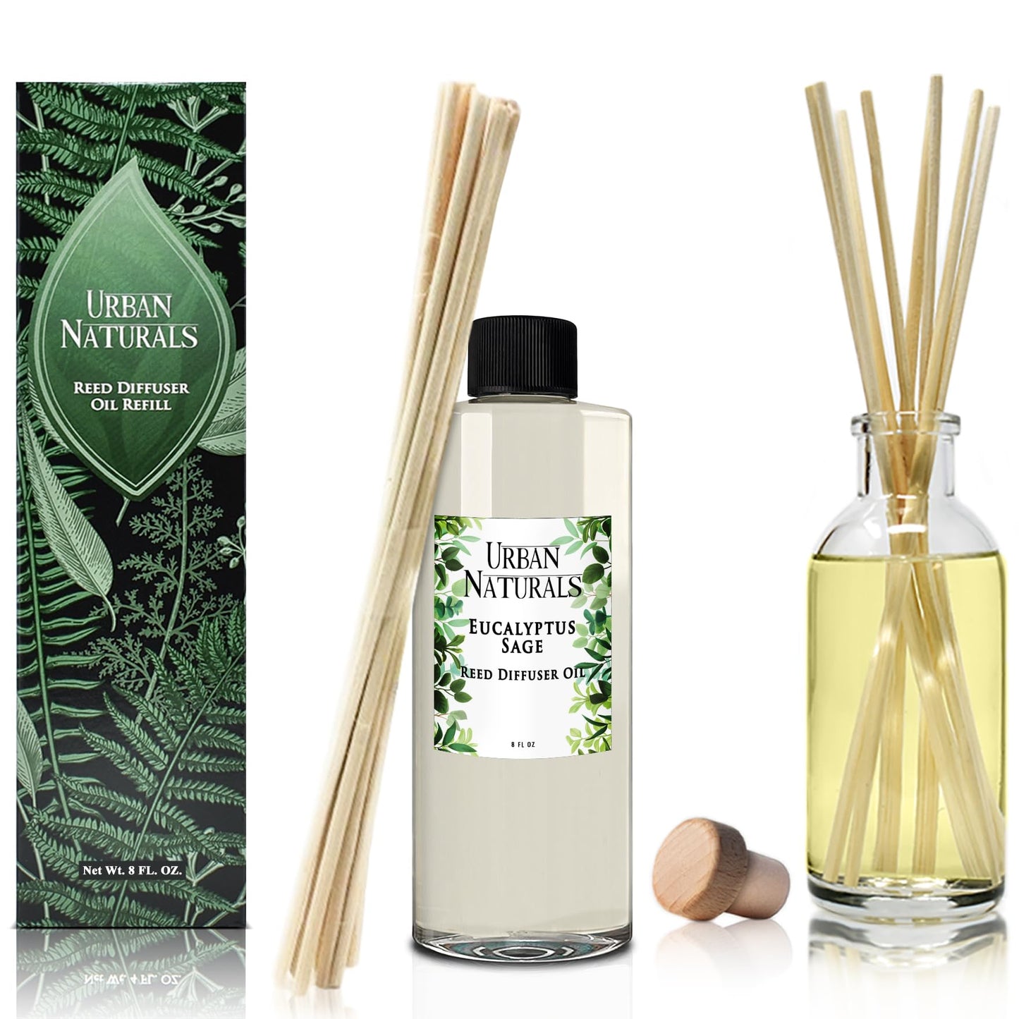 Urban Naturals Reed Diffuser Oil Refill Eucalyptus Sage with Mint, Lime, Cedarwood 8 oz + Free Reed Sticks, Made in the USA