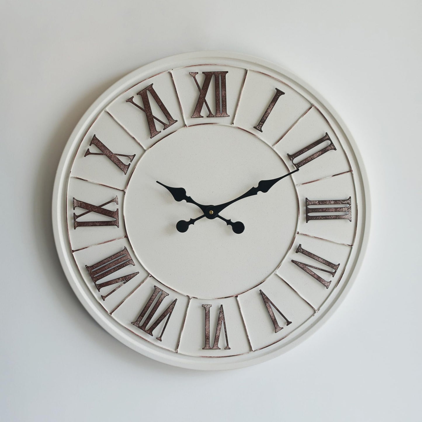 PILIHOME Large Farmhouse Wall Clock - 24 Inch, Rustic White, Distressed Roman Numeral, Metal Face, Battery Operated, Modern Farmhouse Decorative Wall Clock for Living Room Decor