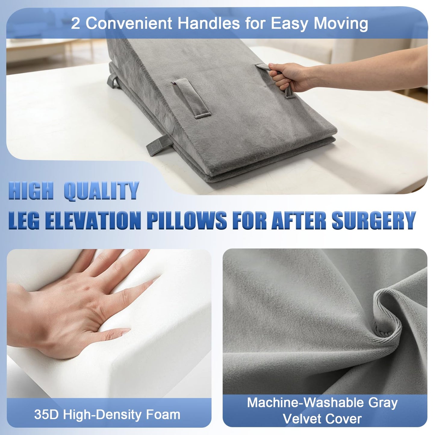 CRAURU Adjustable Height Leg Elevation Pillows for After Surgery Foam Knee Surgery Pillow with Handles and Velvet Cover Foot Wedge Pillow for Legs Swelling and Blood Circulation