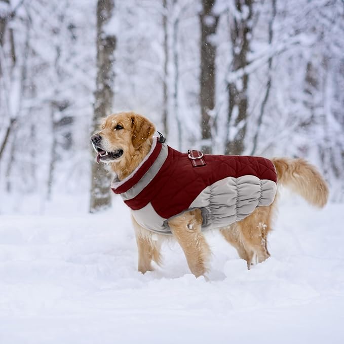 Lelepet Dog Coat Warm Dog Winter Coat Waterproof Dogs Jacket with Harness Built in Reflective Pet Fleece Vest Zip-Up Cold Weather Coats for Large Dogs Turtleneck & Windproof Boston Terrier Wine Red L