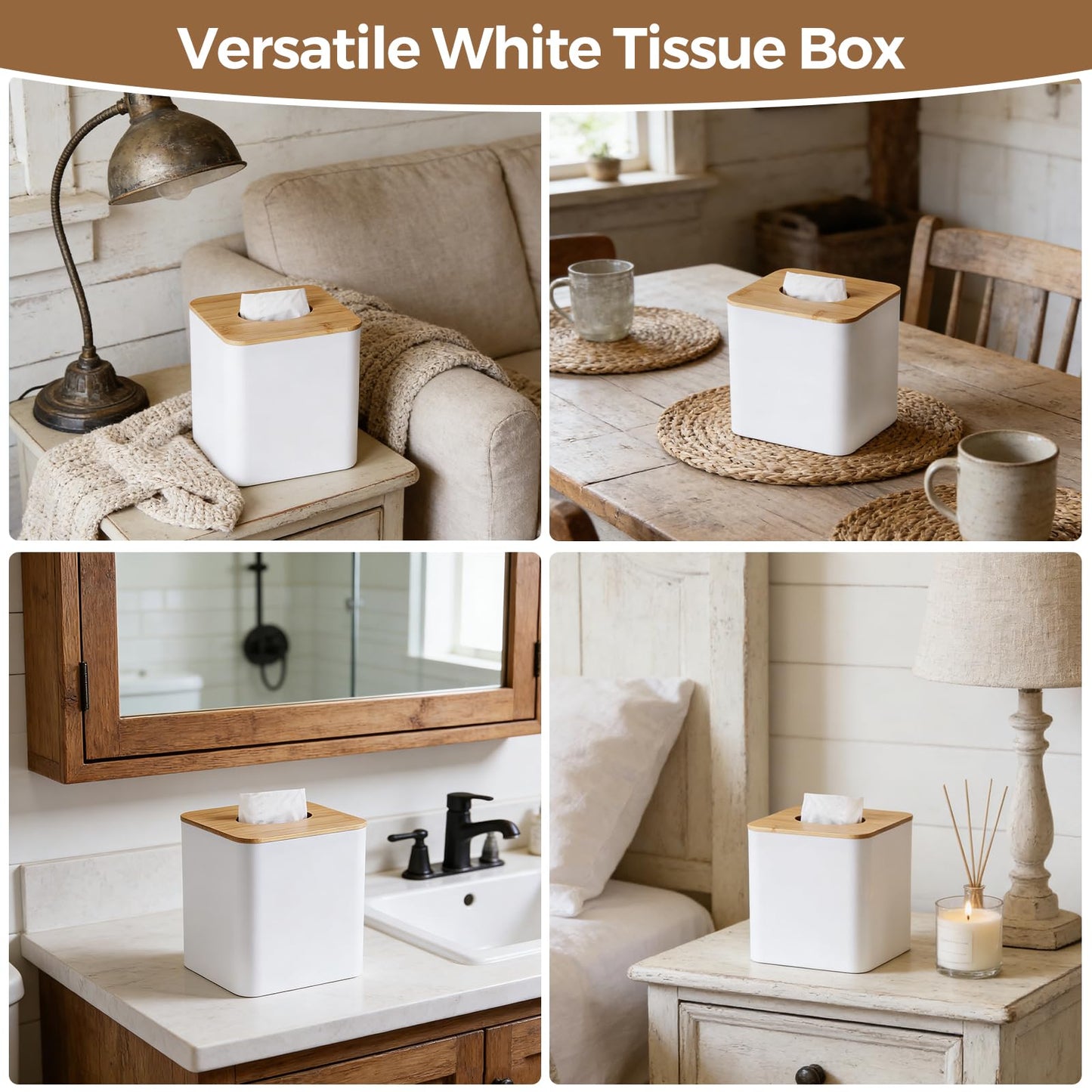 White Tissue Box Cover, Square Tissue Box Holder with Bamboo Cover Plate, Cube Tissue Box Cover for Desk Accessories, Decorative Tissue Box Tissue Holder for Bathroom Office
