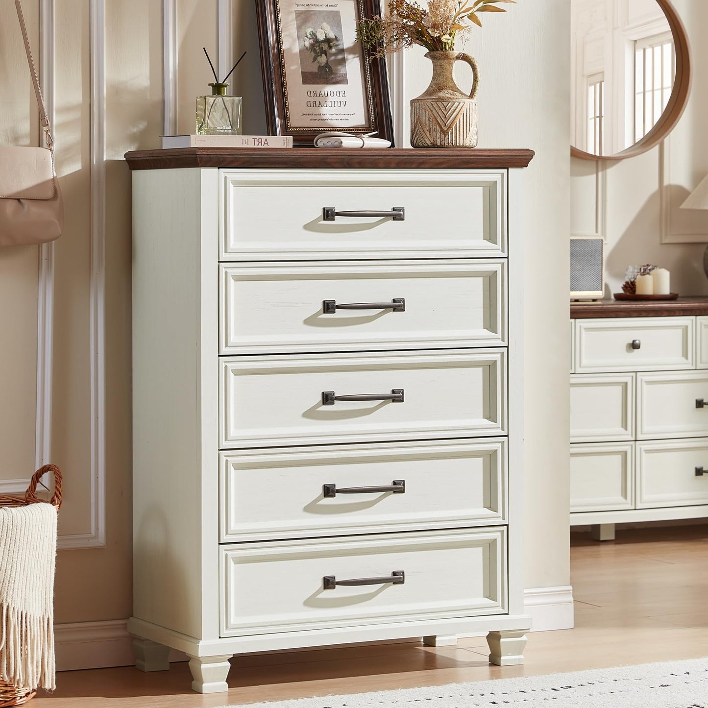 SAVOR LIFE Farmhouse Dresser and Nightstand Sets 4 Piece, 5/7 Drawer Dresser & 2 Drawer Nightstand Set, Rustic Wood Bedroom Furniture Set for Home, Bedroom, Hallway, White