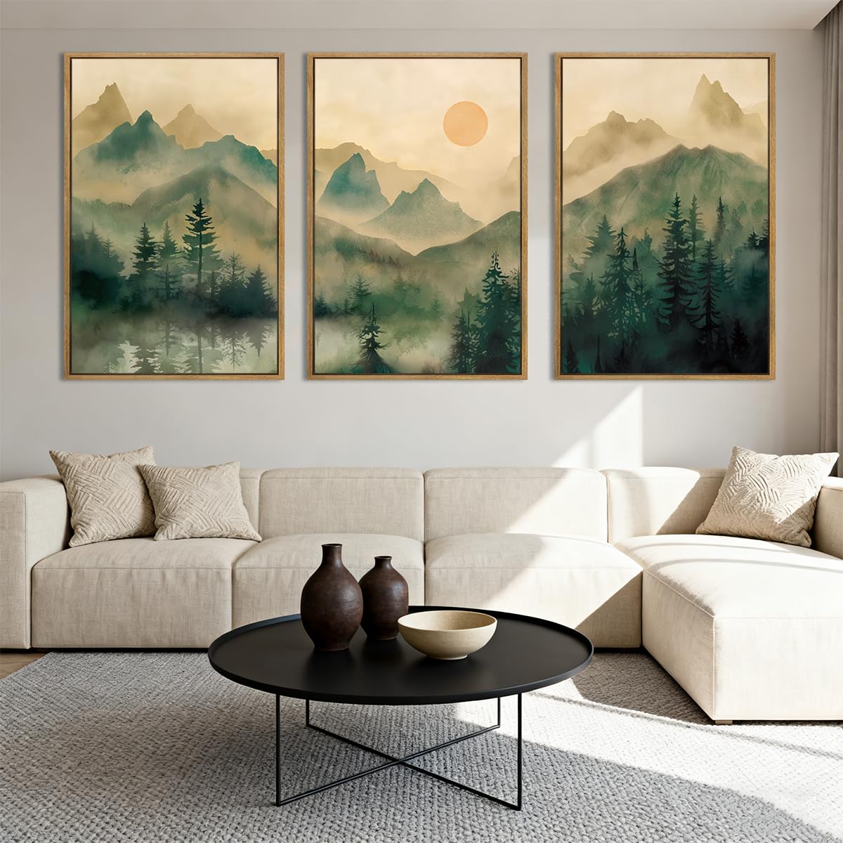 IARTTOP Large Mountain Framed Canvas Wall Art 16x24 Inch Green Foggy Forest Landscape Art Prints Set of 3 Nature woodland Landscape Wall Decor for Living Room Bedroom Office