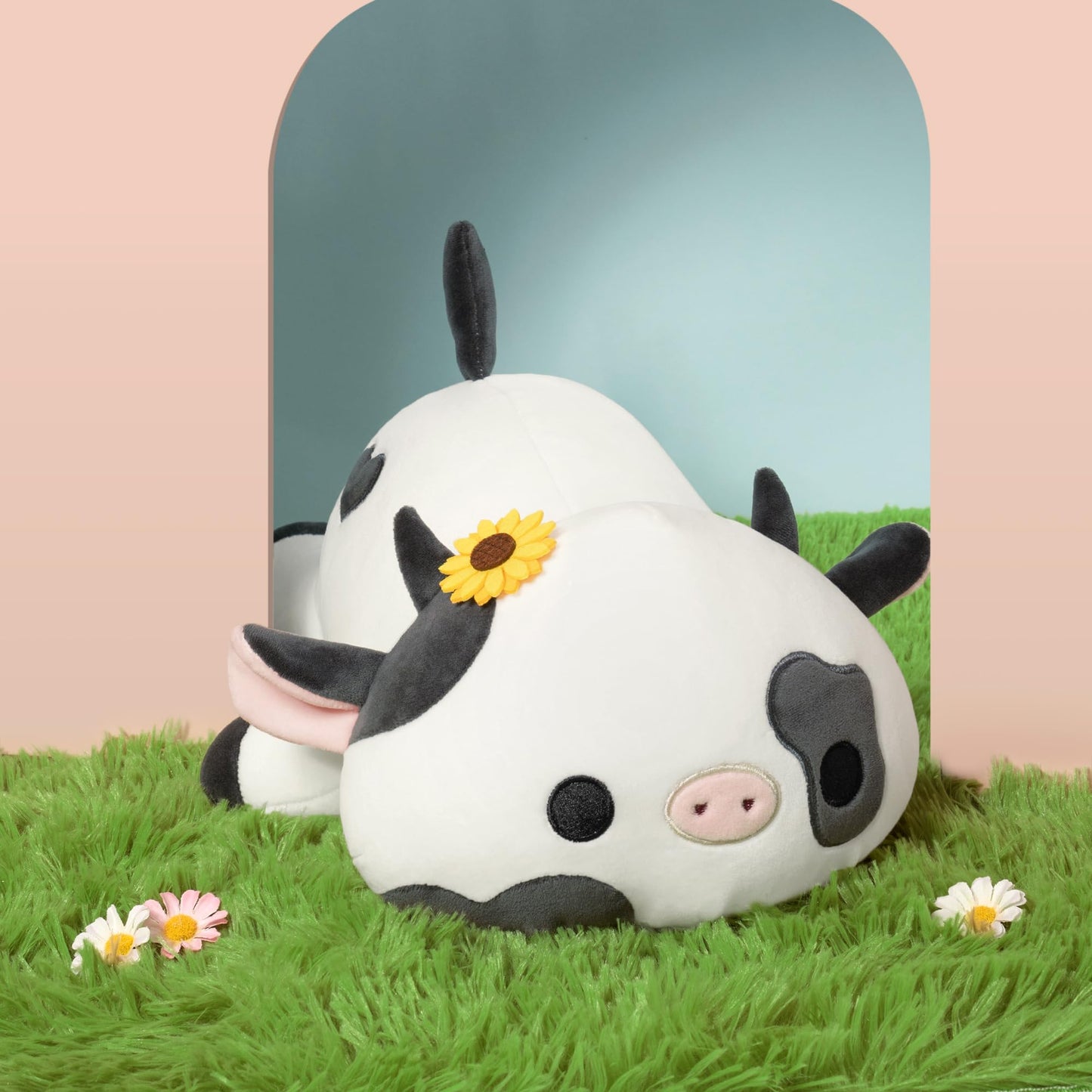 Onsoyours Cute Cow Plushie with Sunflower Headwear, Soft Stuffed Milk Love Cow Squishy Plush Animal Toy Flower Cow Pillow Gift for Kids (Sunflower Cow, 12")