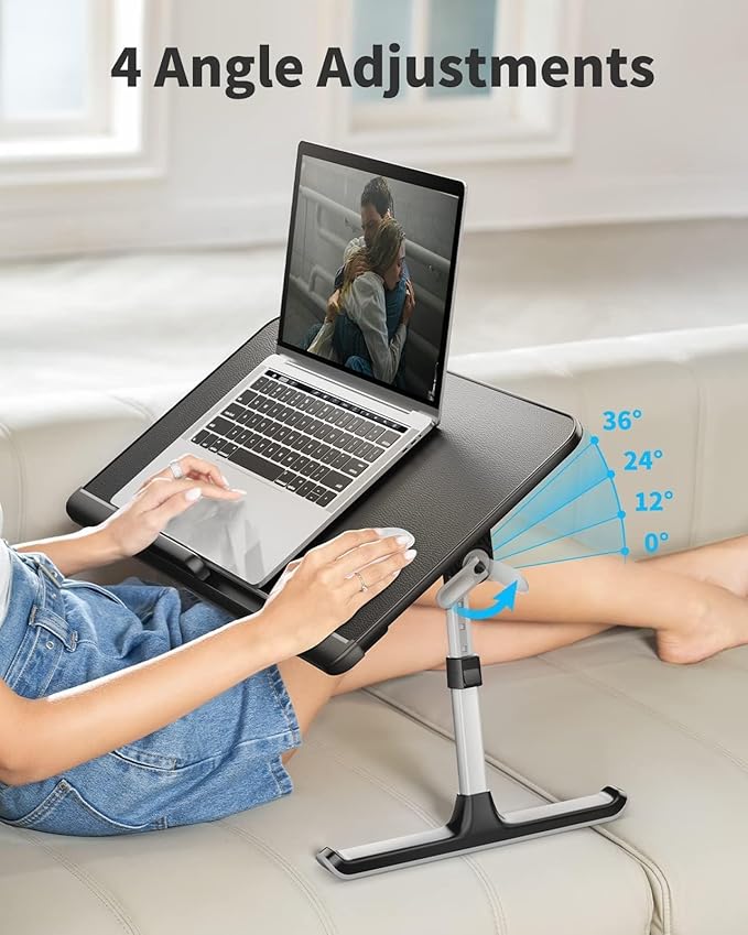 SAIJI Laptop Bed Tray Table, Adjustable PVC Leather Laptop Bed Table, Portable Standing Desk with Storage Drawer, Foldable Lap Tablet Table for Sofa Couch Floor (Dark Black)