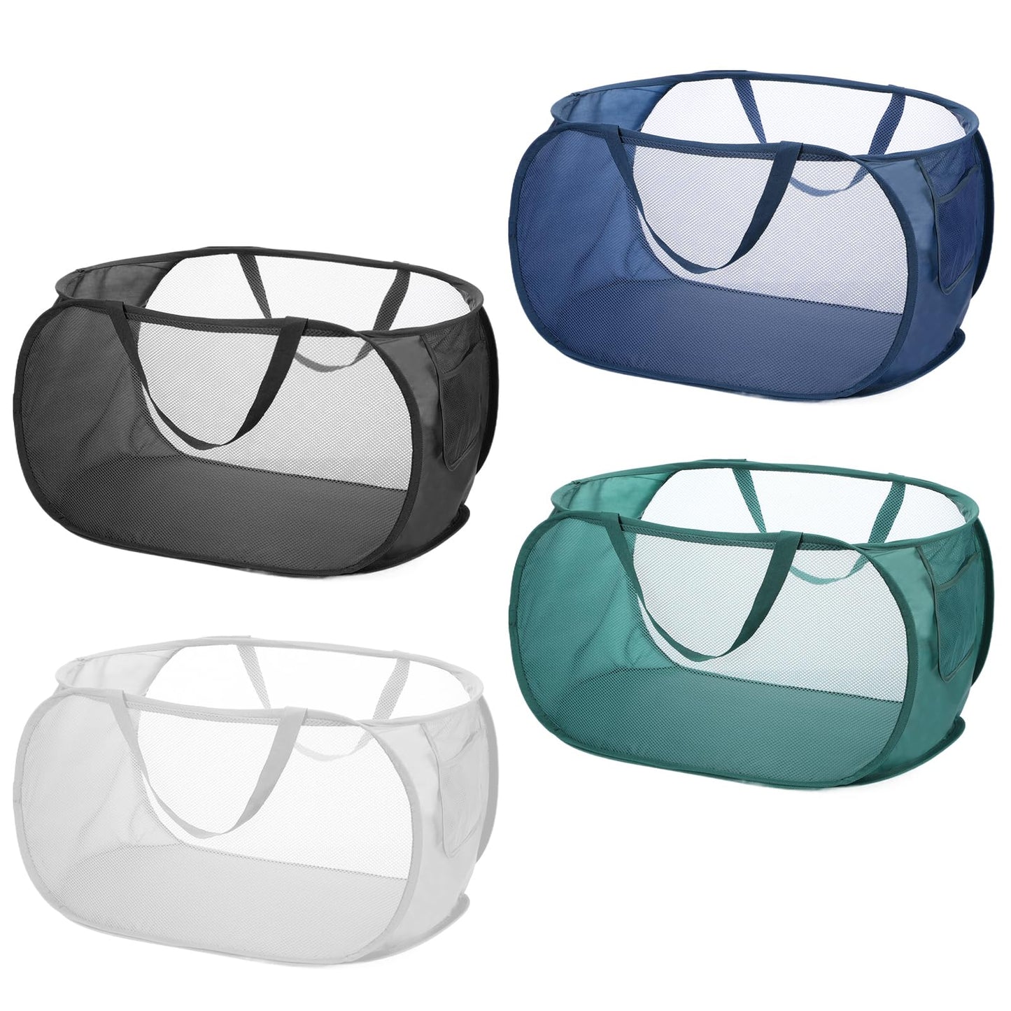 HJZHII 4 Pcs Popup Mesh Laundry Basket, Laundry Hamper with Side Pocket Foldable Storage Basket with Durable Handles for Bathroom Travel Dorm