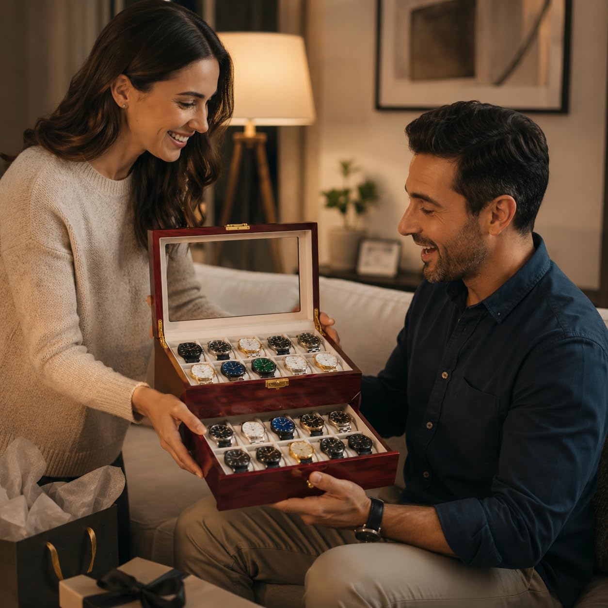 Craftilux High End 20 Slot Rosewood Watch Box for Men, 2 Tier Watch Organizer with Glass Display Lid, Velvet Lined Watch Case Storage for Up to 45mm Watches, Luxury Watch Holder Gift for Collectors