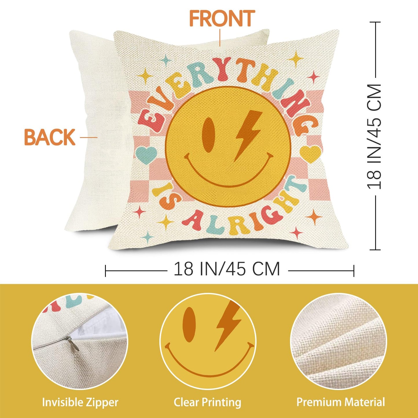 Fjfz Groovy Smiling Face Inspirational Decorative Throw Pillow Covers 18 x 18 Set of 4, Hippie Smile Motivational Quote Porch Outdoor Home Decor, Smiley Everything is Alright Couch Cushion Case